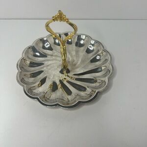 Vintage Sterlingcraft Silver Plated 8" Scalloped Snack Tray 24K Gold Handle